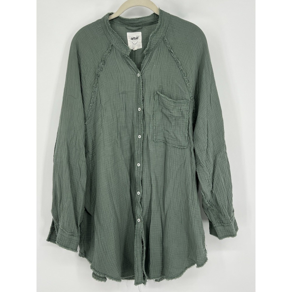 Aerie Oversized Gauze Button Up Tunic Shirt Large Green 100% Cotton Raw Hem